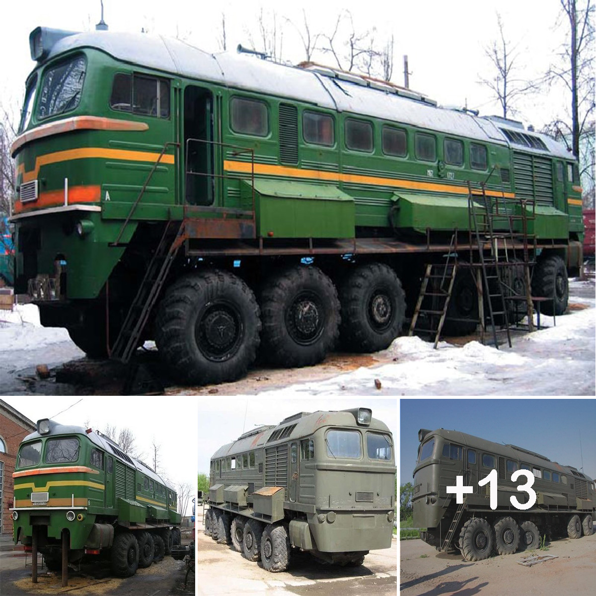 The most amazing train on giant wheels. Diesel locomotive on wheels. Diesel locomotive-M62